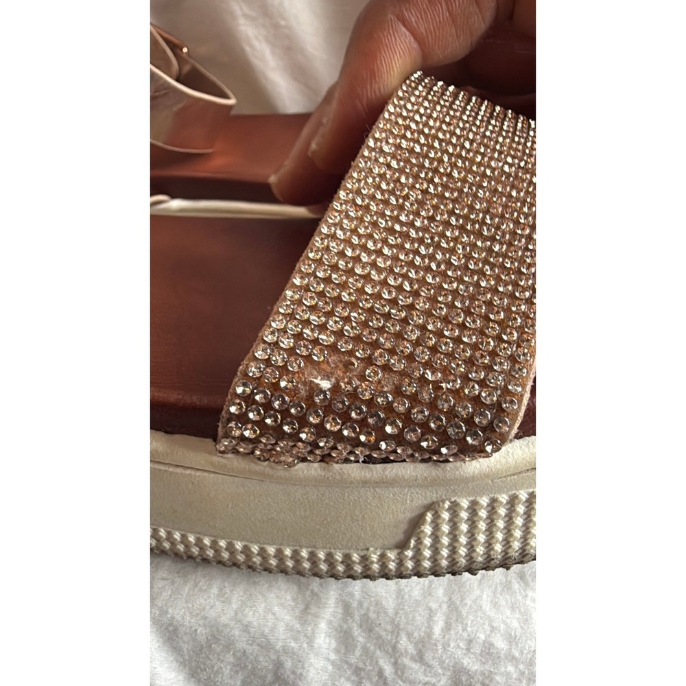 Rose Gold Rhinestone Platform Sandals Metallic Ankle Strap Flatform Shoes - Picture 3 of 7